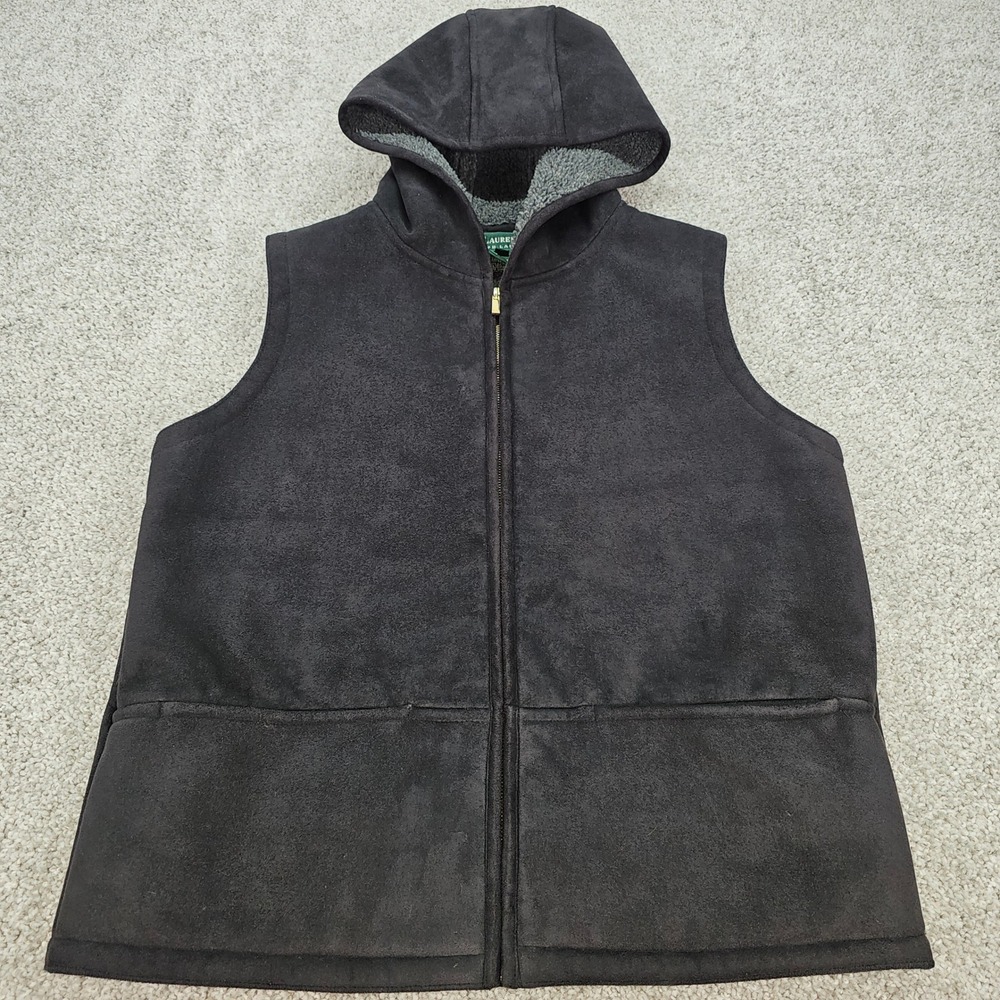 Lauren Ralph Lauren Black Women's Sherpa Lined Suede Feel Vest Hooded Microfiber
